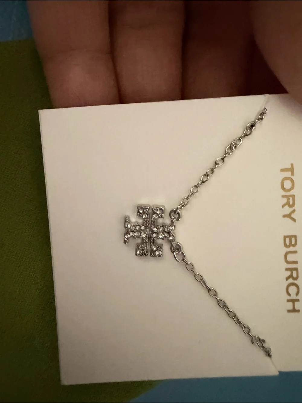 Tory Burch Silver Pavé Double-T Pendant Necklace